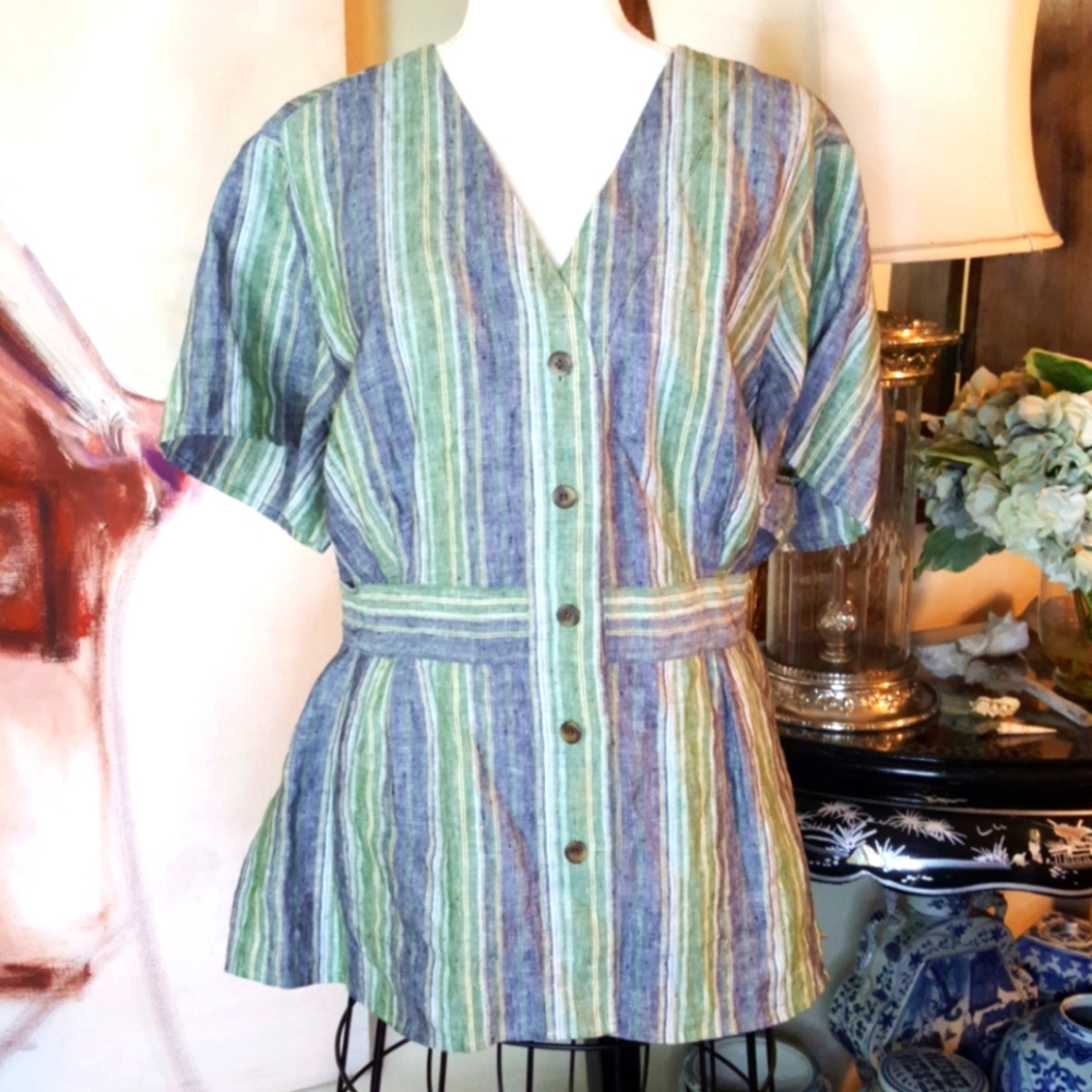 Kasper Striped Linen Blouse with Waist Tie